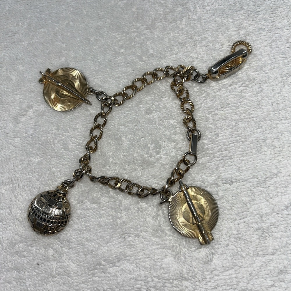 Vintage Gold Toned‎ Charm Bracelet Space-Themed Charms Telephone Balloon Rocket